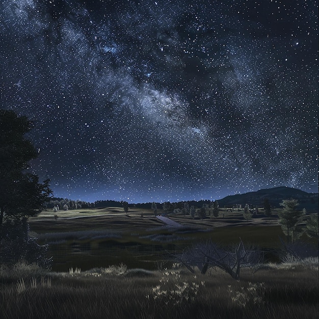 Photo a picture of a night sky with a tree and a road in the foreground