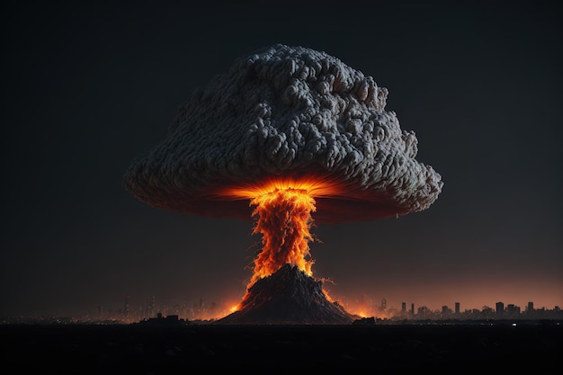 A picture of a nuclear explosion with a city in the background