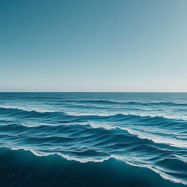 a picture of a ocean with a blue sky and a wave in the middle