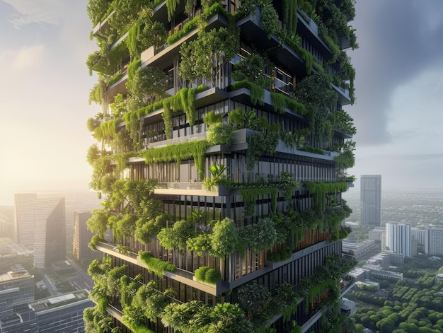 Picture an office tower surrounded by lush greenery and vertical gardens