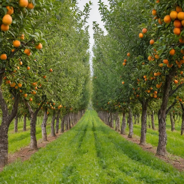 a picture of an orange grove with orange trees in the background