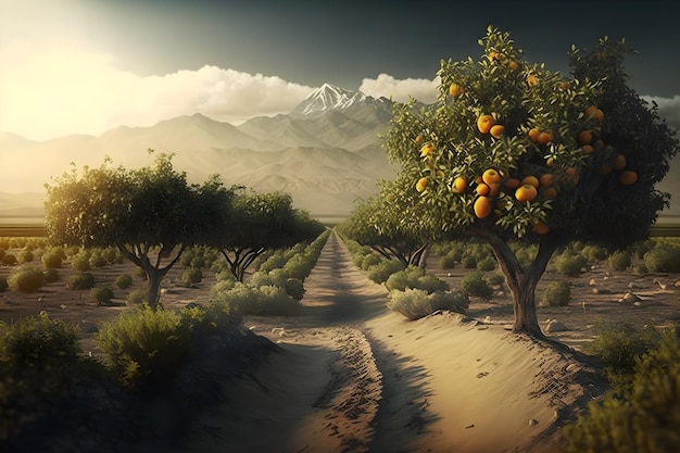 A picture of an orange tree with a mountain in the background.