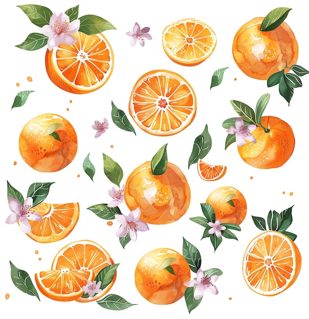 Photo a picture of oranges and flowers on a white background