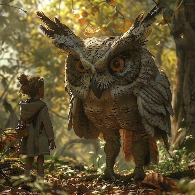 a picture of an owl and a boy in a forest