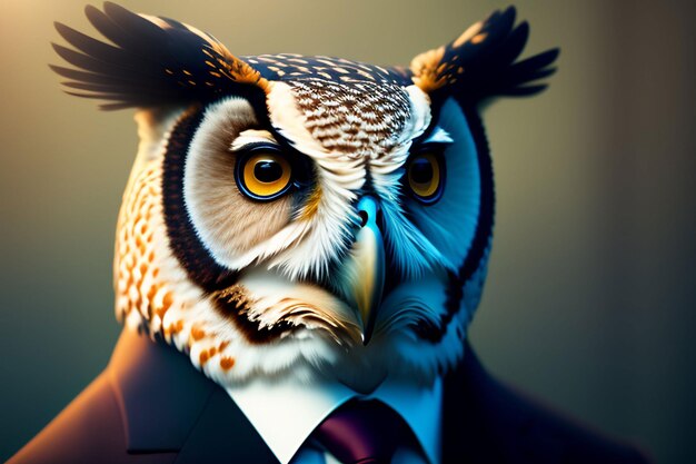 A picture of an owl wearing a suit and tie