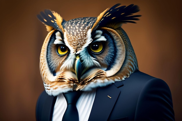 A picture of an owl wearing a suit and a tie.