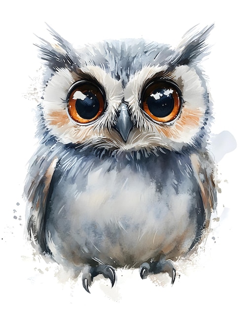 a picture of an owl with big eyes and a white background