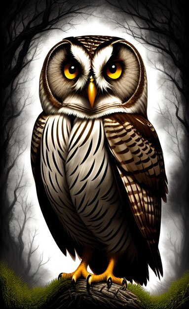 A picture of a owl with yellow eyes and a black and white face.