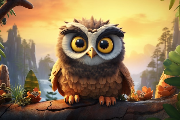 Photo a picture of an owl with yellow eyes and a sunset sky in the background