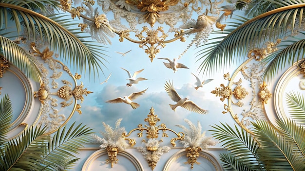 a picture of a palm tree and a gold frame with birds flying in the sky