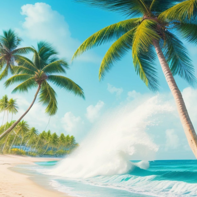 a picture of palm trees on the beach with a wave crashing in the background