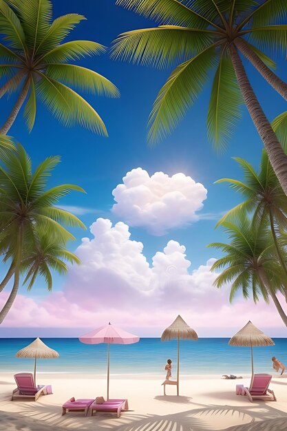 a picture of palm trees and the ocean with a heart shaped cloud in the sky