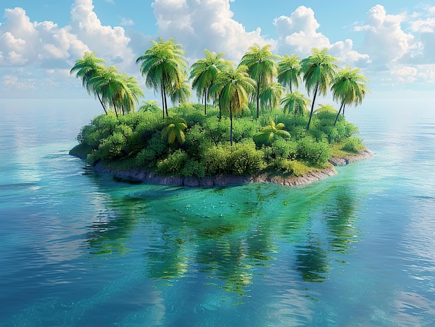 a picture of palm trees on a small island with a reflection of the sky in the water