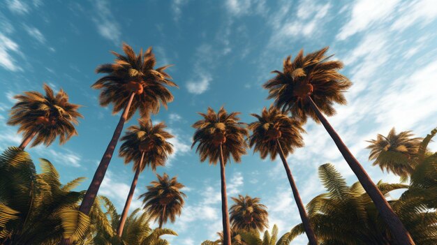 A picture of palm trees with the sky in the background