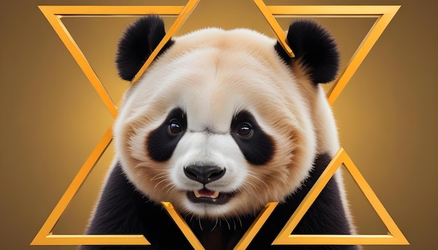 a picture of a panda with a black nose and a yellow triangle on it