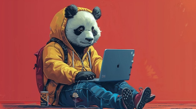 a picture of a panda with a laptop on the screen