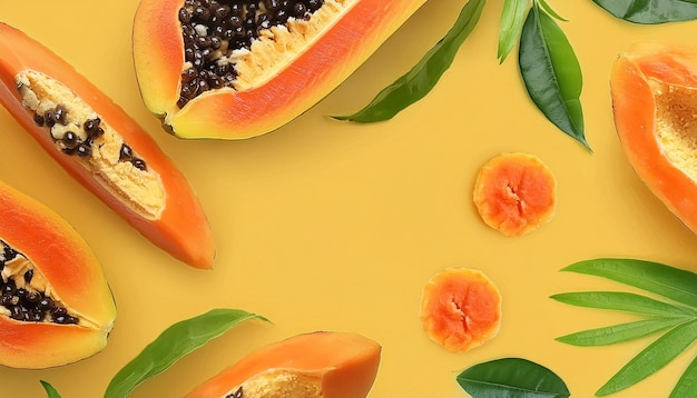 a picture of a papaya and blackberries on a yellow background