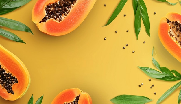 a picture of a papaya and a leaf on a yellow background