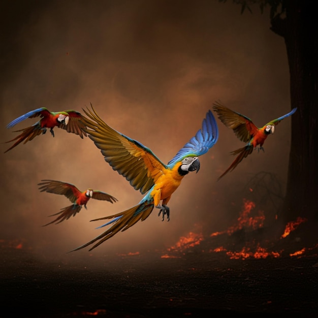 a picture of a parrot with a background of fire and flames