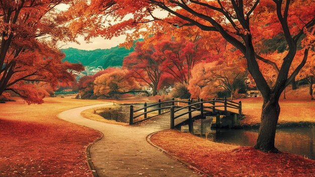 a picture of a path with a bridge and trees in the background