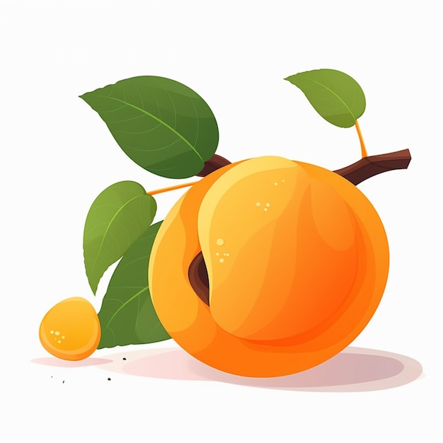 A picture of a peach with green leaves and a branch with the word apricot on it.