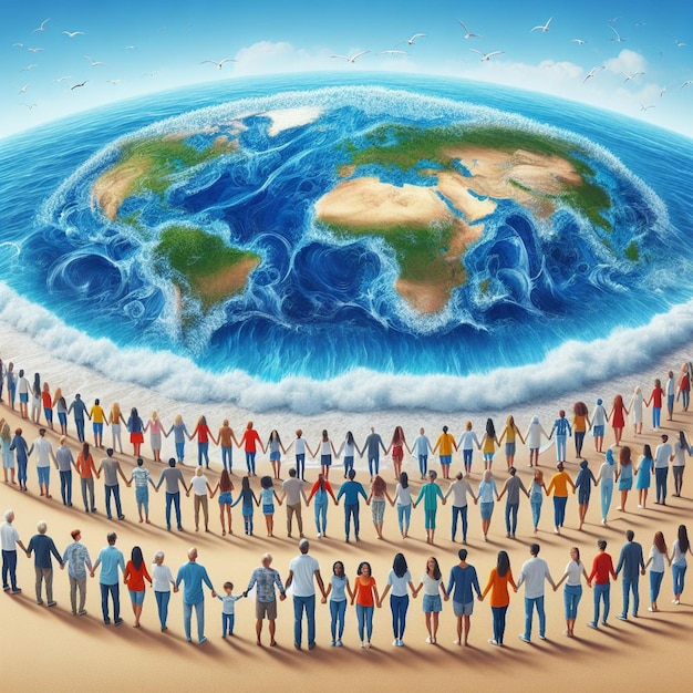 a picture of people holding hands and a world map