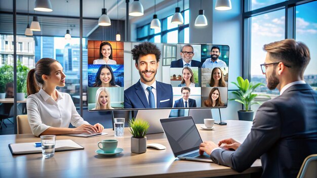 Photo a picture of people in a meeting room with a man on a laptop