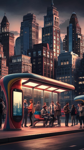 a picture of people on a subway with a city in the background