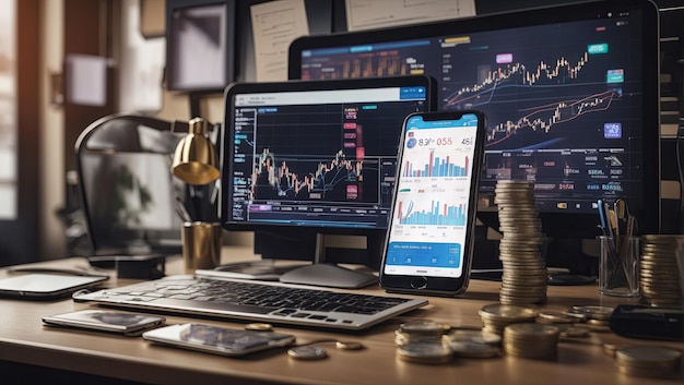 A picture of a phone screen with trading graphics above a desk and behind it are frames hanging on