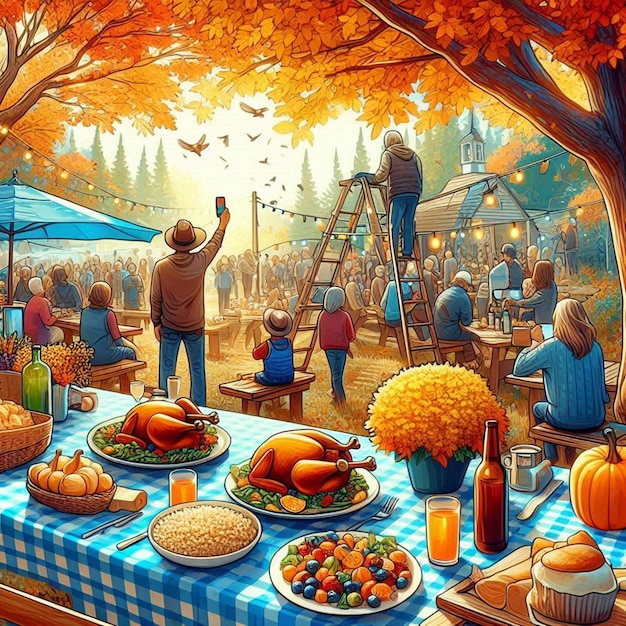 a picture of a picnic with a tree and a sign that says pumpkins