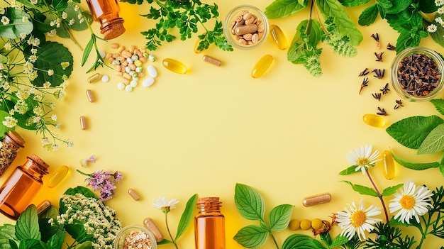 Photo a picture of pills and capsules with a frame of leaves and flowers