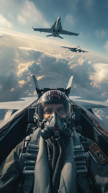 a picture of a pilot in the sky with a plane in the background