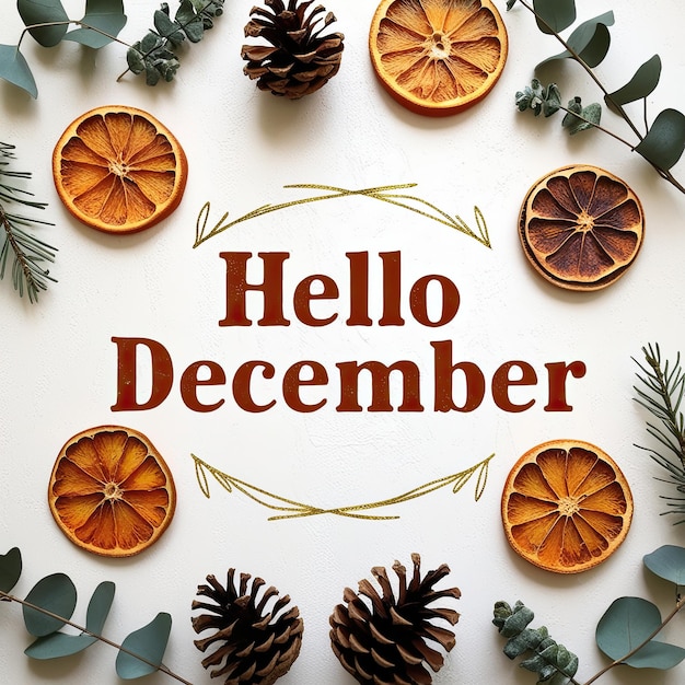 Photo a picture of a pine tree and oranges with the words hello december on it