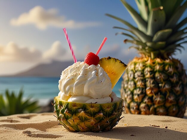 a picture of pineapple and a glass of milk with ice cream a tropical beach in the background