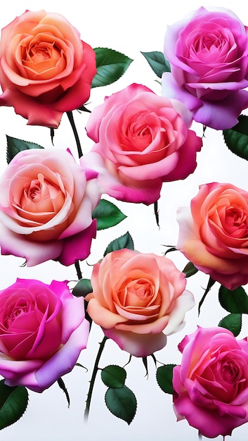 Photo a picture of pink and purple roses with green leaves