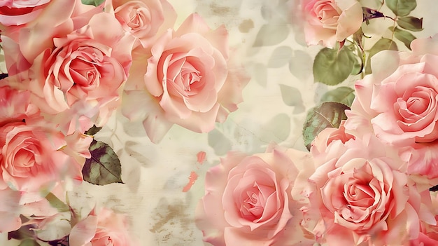 a picture of pink roses with green leaves and a white background