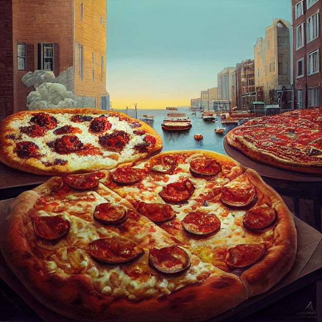 A picture of a pizza with a view of a city in the background.