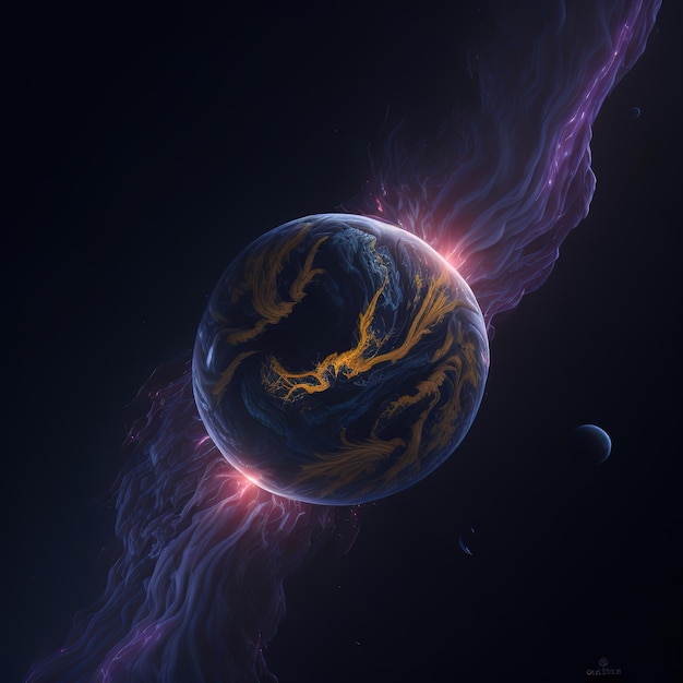 A picture of a planet with a moon and stars in the background.