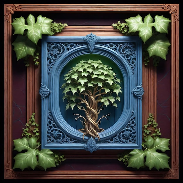 a picture of a plant and a blue frame with a tree on it