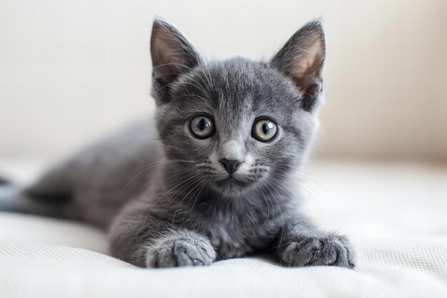 Photo picture playful grey kitten lying down on a white background with a clipping path