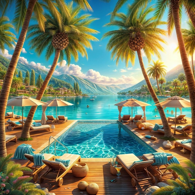 a picture of a pool with palm trees and a pool with a view of mountains and mountains