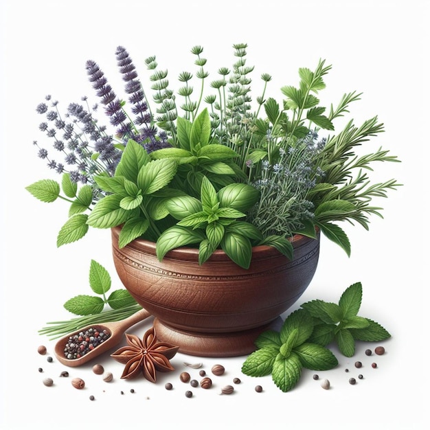 a picture of a pot with herbs and herbs isolated on white background