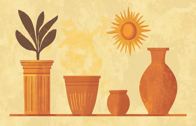 a picture of pots and plants with the sun on the wall