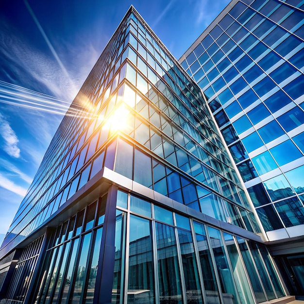 Picture Presenting Modern office building with glass curtain wall and sun flare blue background