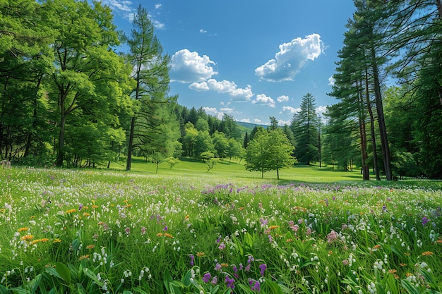 Picture Presenting A vast green meadow with dense lilies of the valley under a blue sky surrounded