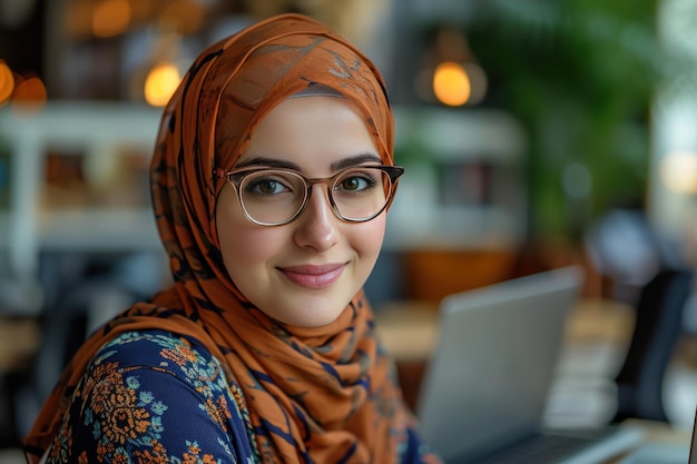 A picture of a prosperous Muslim lady using a laptop in her office Generative Ai