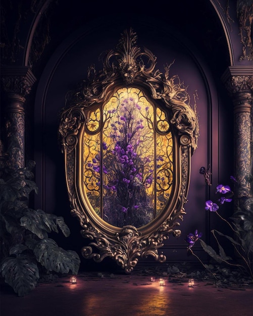 A picture of a purple flower in a gold frame