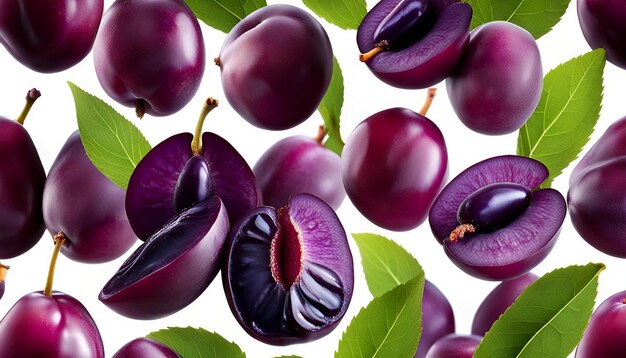 Photo picture of a purple plum cut in half with leaf on a white background