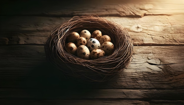 A picture of quail eggs in a nest with a backdrop of aged wood