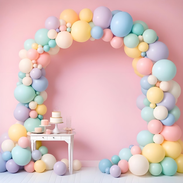 a picture of a rainbow colored balls with a pink background